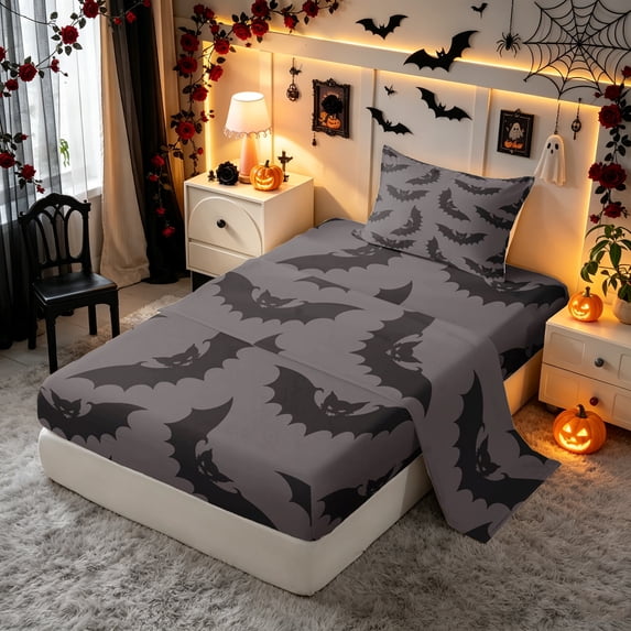 Erosebridal Halloween Bat Twin Sheets, Spooky Night Bedding, Gray Dark Brown, Halloween Reversible, 3-Piece, 1 Flat Sheet, 1 Fitted Sheet and 1 Pillowcase
