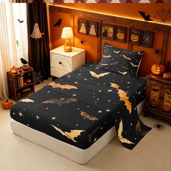 Erosebridal Halloween Bat Twin Sheets, Stars Moon Bedding, Black Orange, Black Reversible, 3-Piece, 1 Flat Sheet, 1 Fitted Sheet and 1 Pillowcase
