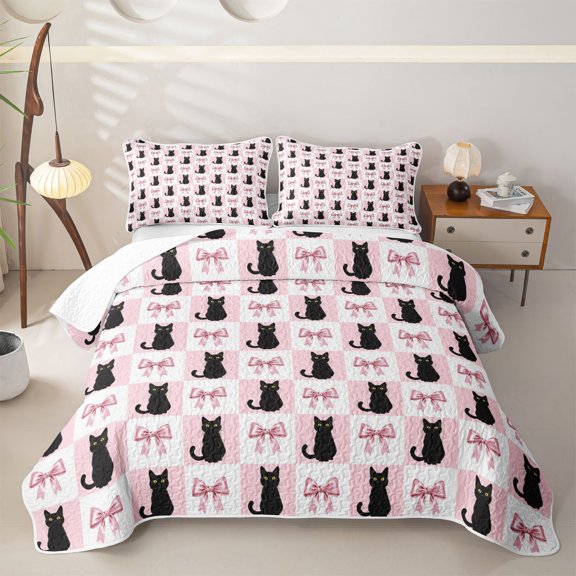 Erosebridal Halloween Black Cat Bow Twin Quilt Set for Girls, Cute Grid Kitten Twin Coverlet Set, 2pcs