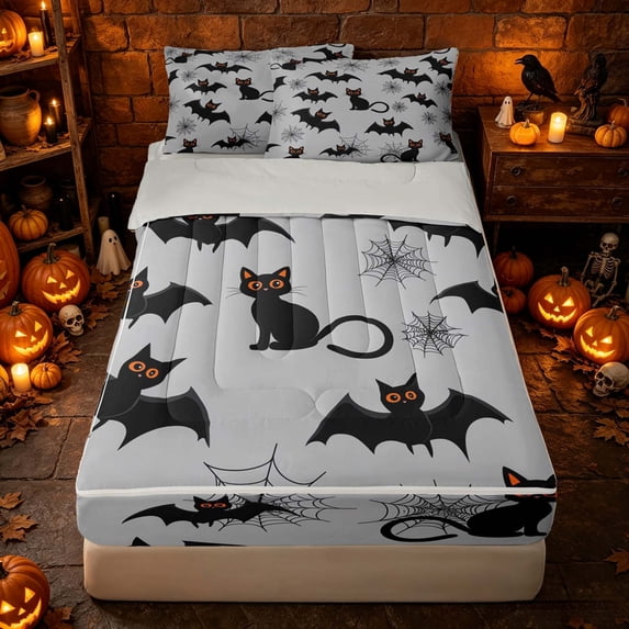 Erosebridal Halloween Black Cat Zipper Queen Comforter Set with Fitted Sheet and 2 Pillowcases, Cute Bat Zipper Bedding Set for Boys Girls, Light Gray Black Orange, Gray Reversible