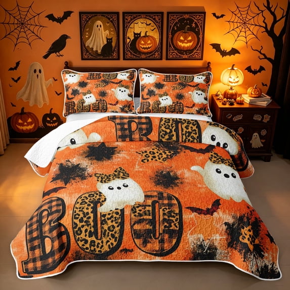 Erosebridal Halloween Boo Bed Spread Queen, Ghost Leopard Print Bow Queen Coverlet Set, Orange Brown, 3 Pieces, 1 Quilt and 2 Pillowcases