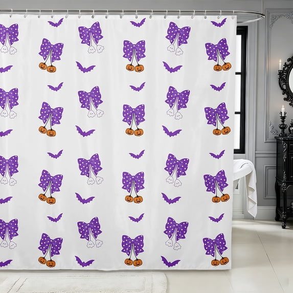 Erosebridal Halloween Bows Shower Curtain 72Wx78L,Kawaii Ghost Pumpkin Bath Curtain,Purple White