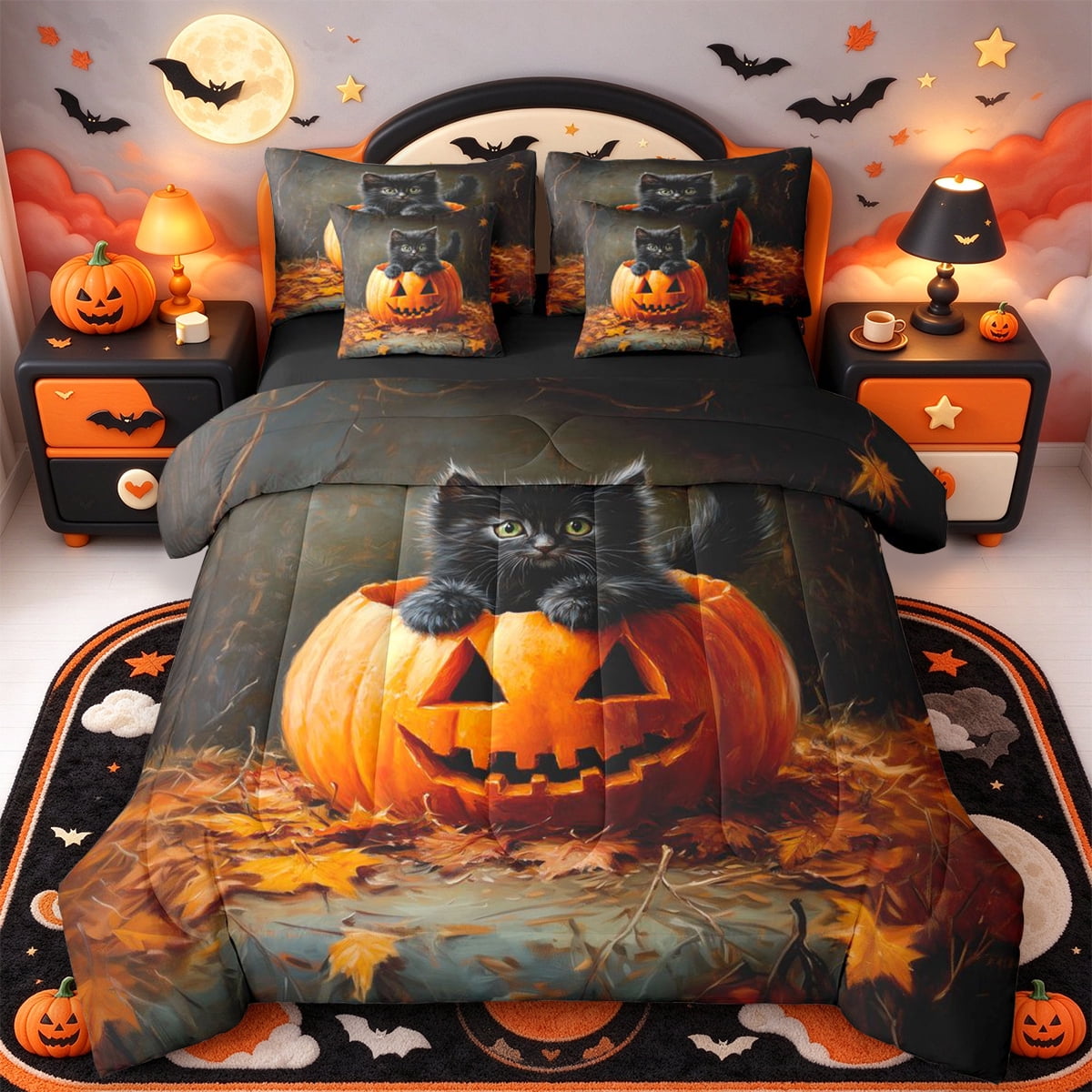 Erosebridal Halloween Cartoon Pumpkin 7-Piece King Bedding,Kawaii Cat ...