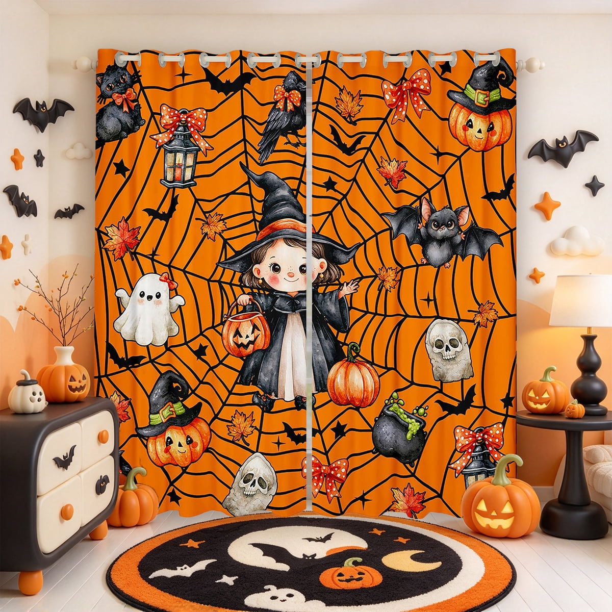 Erosebridal Halloween Cartoon Pumpkin Curtains and Drapes Pack of 2 ...
