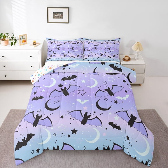 Erosebridal Halloween Comforter Rainbow Comforter Set ren Bat Moon Star Print Bedding Set Halloween Theme Purple Gradient Style Room Decor Duvet Set