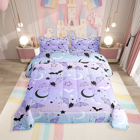 Erosebridal Halloween Comforter Rainbow Comforter Set ren Bat Moon Star Print Bedding Set Halloween Theme Purple Gradient Style Room Decor Queen Size Duvet Set