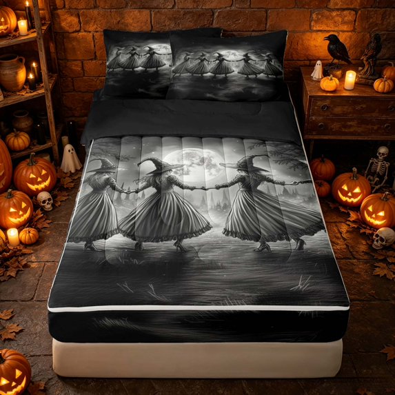 Erosebridal Halloween Dancing Witches Zipper Full Size Comforter Sets with Fitted Sheet and 2 Pillowcases, Spooky Moonlit Jungle Zipper Bedding Set for Boys Girls, Black Gray, Black Reversible