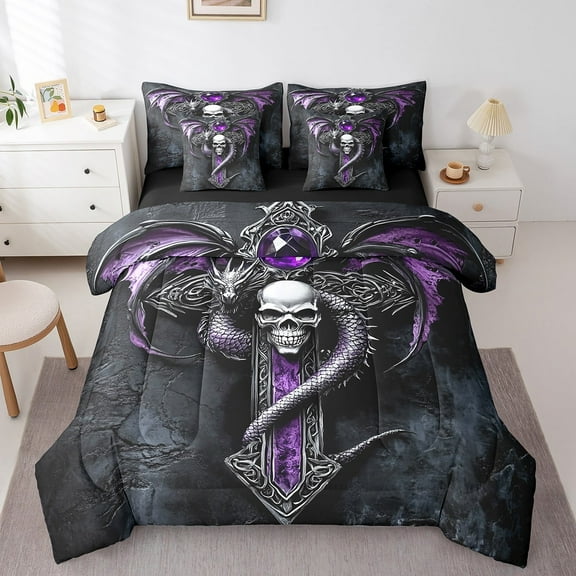 Erosebridal Halloween Dragon Skull Bedding Sets Twin Size, Hippie Grey Purple Sword Comforter Sets with Sheets, Breathable 7-Piece