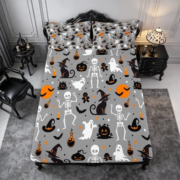Erosebridal Halloween Ghost Fitted Sheet Queen 3-Piece,Gothic Skeleton Bedding,Grey,1 Fitted Sheet and 2 Pillowcases