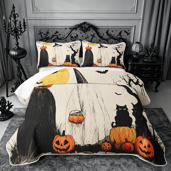 Erosebridal Halloween Ghost Pumpkin Quilt King 3 Pieces,Spooky Animal King Coverlet Set,Beige,1 Bedspread and 2 Pillowcases