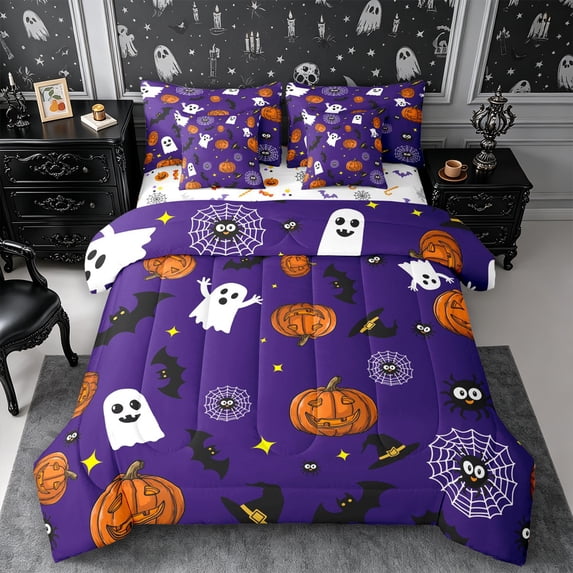 Erosebridal Halloween Ghost Queen Bedding 7pcs,Spooky Animal Bedding Comforter Set Queen,Purple,Reversible