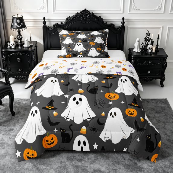 Erosebridal Halloween Ghost Twin Comforter Sets 2pcs,Spooky Black Cats Bedding Set,Dark Grey,Reversible,1 Comforter and 1 Pillowcase