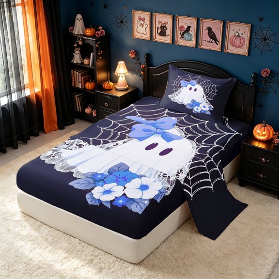 Erosebridal Halloween Ghost Twin Sheets, Cartoon Floral Bedding, Black Blue, Black Reversible, 3-Piece, 1 Flat Sheet, 1 Fitted Sheet and 1 Pillowcase