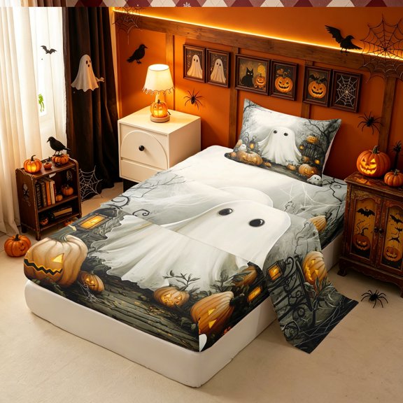 Erosebridal Halloween Ghost Twin Sheets, Pumpkin Forest Bedding, Gray Tan, Halloween Reversible, 3pcs, 1 Flat Sheet, 1 Fitted Sheet and 1 Pillowcase
