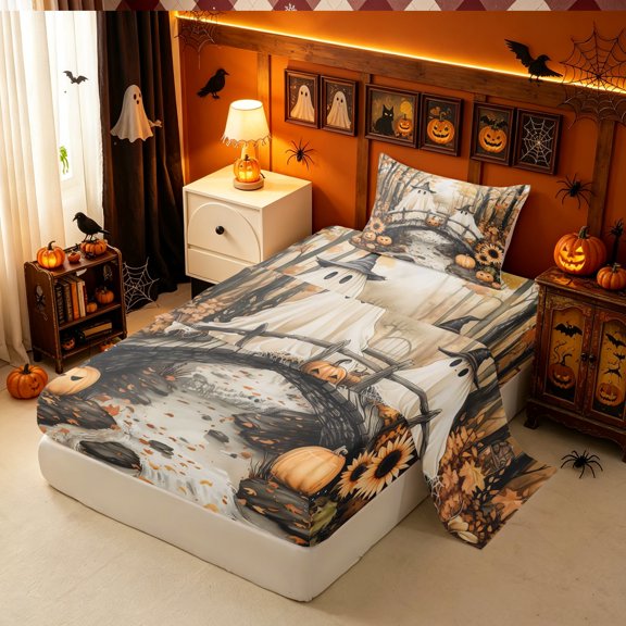 Erosebridal Halloween Ghost Twin Sheets, Pumpkin Night Bedding, Dark Brown Tan, Halloween Reversible, 3 Pieces, 1 Flat Sheet, 1 Fitted Sheet and 1 Pillowcase