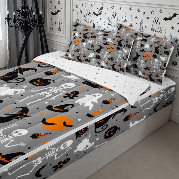 Erosebridal Halloween Ghost Zipper Twin Comforter Sets with Fitted Sheet and 2 Pillowcases,Gothic Skeleton Zipper Bedding Set,Grey,Reversible