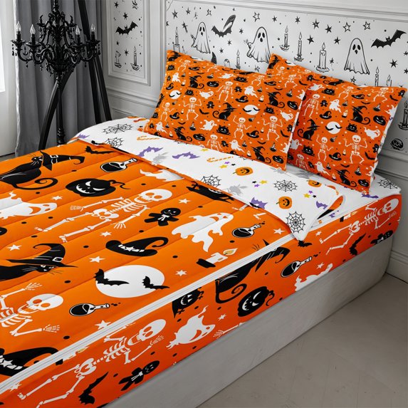 Erosebridal Halloween Ghost Zipper Twin Comforter Sets with Fitted Sheet and 2 Pillowcases,Gothic Skeleton Zipper Bedding Set,Orange,Reversible