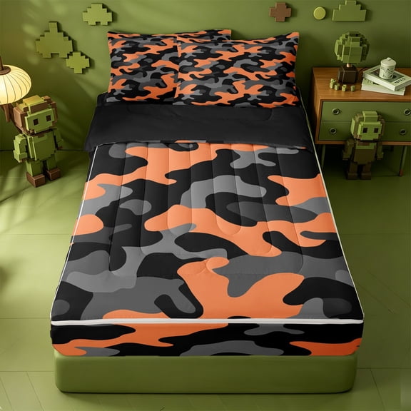 Erosebridal Halloween Orange Gray Camo Zipper Twin Comforter Sets with Fitted Sheet and 2 Pillowcases,Fall Camouflage Edgy Street Zipper Bedding Set For Boys,Black Reversible,4pcs