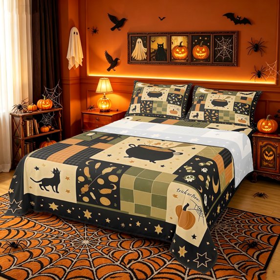 Erosebridal Halloween Patchwork Bed Sheets, Cauldron Cat Full Size Sheets, Black Olive, Black Reversible, 4-Piece, 1 Flat Sheet, 1 Fitted Sheet and 2 Pillowcases