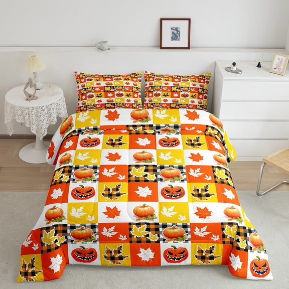 Erosebridal Halloween Pumpkin Bedding Sets Twin with Comforter, Maple Leaf Comforter Sets Twin Size, Plaid Buffalo Reversible Down Comforter, Breathable Bedroom Decorative, 2pcs