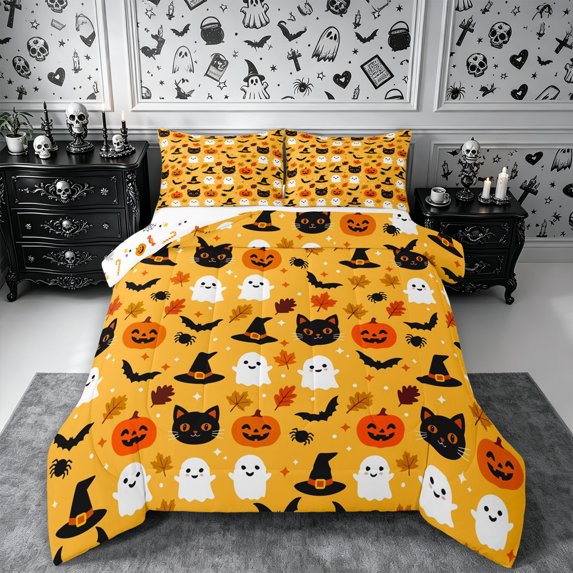 Erosebridal Halloween Pumpkin Ghost King Size Comforter Sets 3pcs,Spooky Black Cats Comforters King Size,Orange,Reversible,1 Comforter and 2 Pillowcases