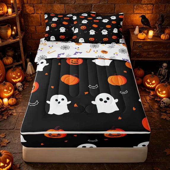 Erosebridal Halloween Pumpkin Zipper Full Size Comforter Sets with Fitted Sheet and 2 Pillowcases, Cute Ghost Zipper Bedding Set for Boys Girls, Black Orange, Halloween Reversible