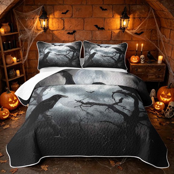 Erosebridal Halloween Raven Bed Spread Queen, Boho Branch Queen Coverlet Set for Boys Girls, Monochrome Black Gray, 3-Piece 1 Quilt and 2 Pillowcases