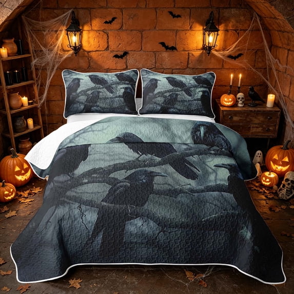 Erosebridal Halloween Raven Bed Spread Queen, Boho Jungle Tree Queen Coverlet Set for Boys Girls, Sage Black Gray, 3 Pieces 1 Quilt and 2 Pillowcases