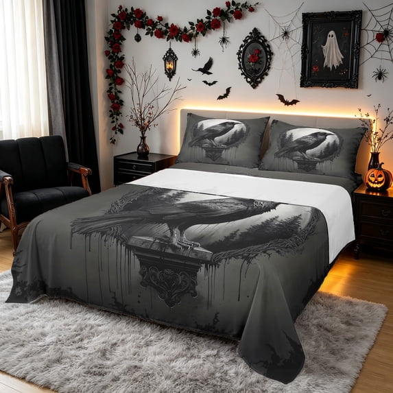 Erosebridal Halloween Raven Queen Sheets, Gothic Branch Queen Sheet Sets, Black Gray, Black Reversible, 4-Piece, 1 Flat Sheet, 1 Fitted Sheet and 2 Pillowcases