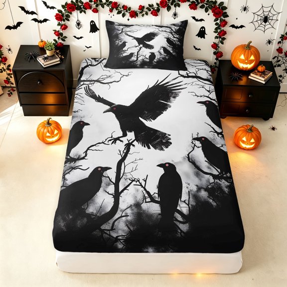 Erosebridal Halloween Raven Twin Fitted Sheet, Horror Bird Bedding, Black Gray, 2pcs, 1 Fitted Sheet and 1 Pillowcase
