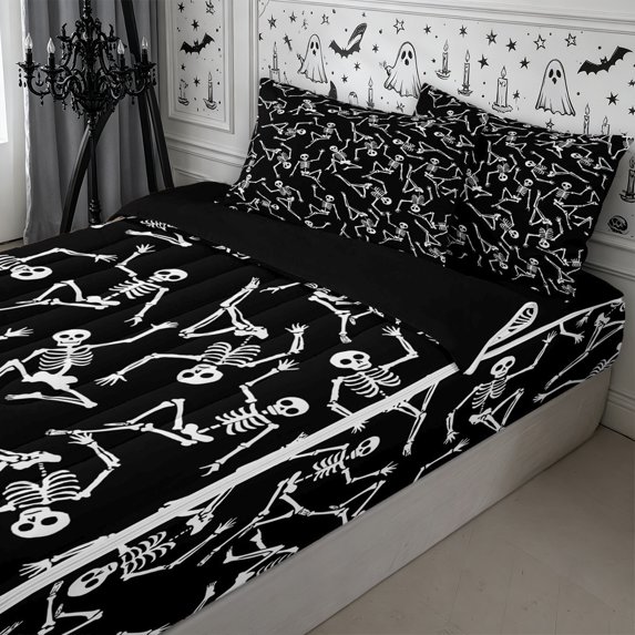 Erosebridal Halloween Skeleton Zipper Queen Comforter Set with Fitted Sheet and 2 Pillowcases,Gothic Theme Zipper Bedding Set,Black,Reversible