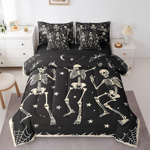 Erosebridal Halloween Skull Bedding Sets Queen Size, Spooky Skeleton Comforter Sets with Sheets, Cartoon Theme Reversible Bedding Queen Size, Super Cozy Room Decor, 7-Piece