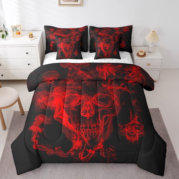 Erosebridal Halloween Smoky Skeleton Bed in a Bag Queen Size, Black and Red Bed Set, Sugar Skull Bed Sheets Setp with Comforter, Microfiber Room Decoration, Reversible 7 Pieces