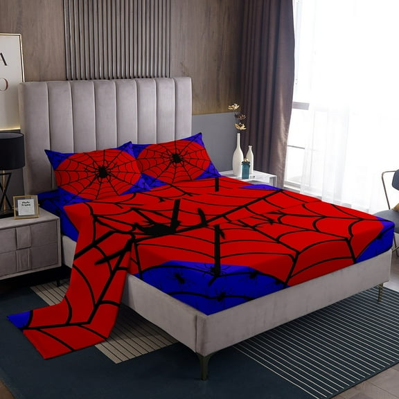 Erosebridal Halloween Spider Bed Sheets Set Twin Size, Black Spider Web Bedding Sets Twin Size, Red Blue Gothic Bedroom Decor 3-Piece