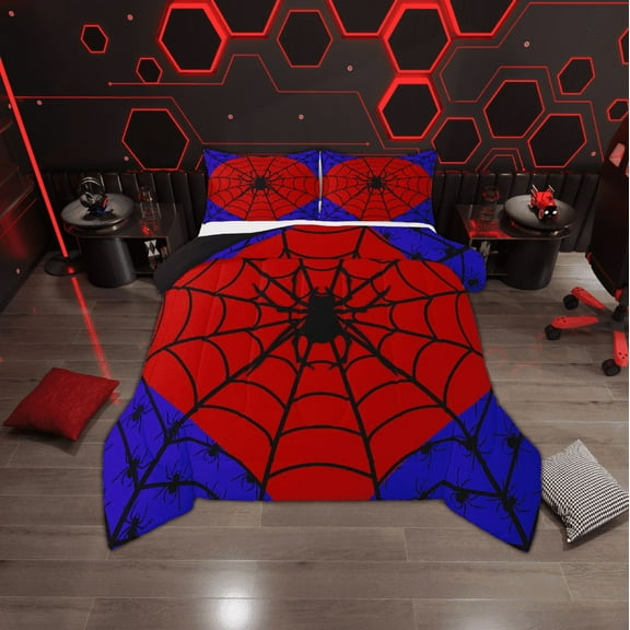 Erosebridal Halloween Spider Bedding Twin Comforter Set, Black Spider Web Down Comforter, Red Blue Gothic Bedroom Decor, Reversible 2-Piece