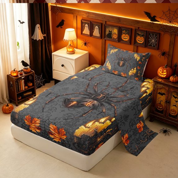 Erosebridal Halloween Spider Twin Sheets, Candle Autumn Bedding, Dark Gray Orange, Black Reversible, 3pcs, 1 Flat Sheet, 1 Fitted Sheet and 1 Pillowcase