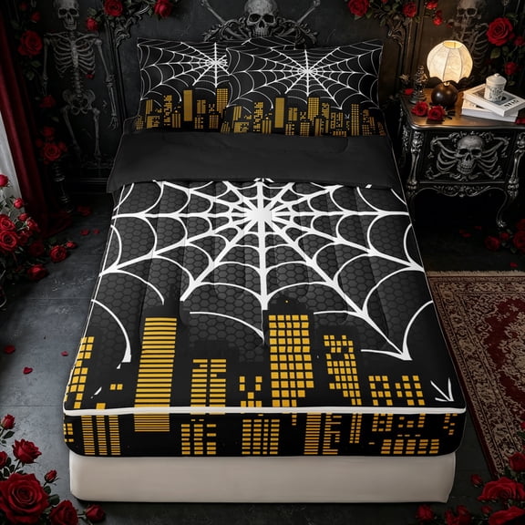 Erosebridal Halloween Spider Web Zipper Full Size Comforter Sets with Fitted Sheet and 2 Pillowcases for Boys, Black Yellow Comic City Zipper Bedding Set, Black Reversible, 4 Pieces