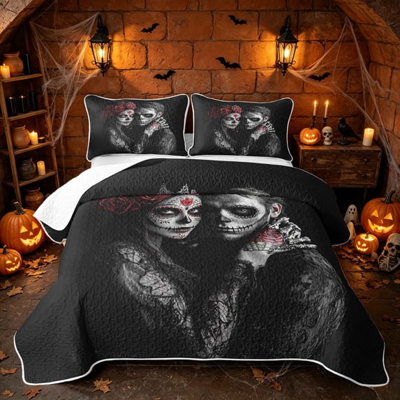 Erosebridal Halloween Sugar Skull Couple Twin Quilt Set, Spooky Red Rose Twin Coverlet Set for Boys Girls, Black Red Grey, 2 Pieces 1 Bedspread and 1 Pillowcase