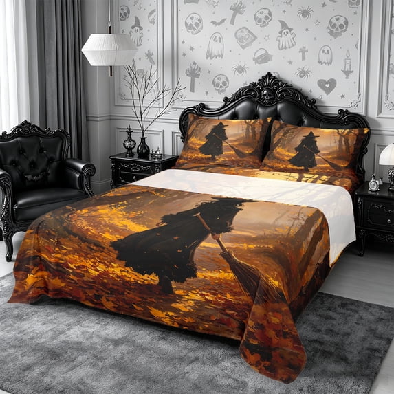 Erosebridal Halloween Witch Bed Sheets 4-Piece,Happy Fall Full Size Sheets,Orange,1 Flat Sheet, 1 Fitted Sheet and 2 Pillowcases