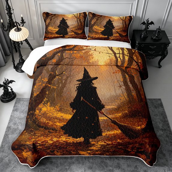 Erosebridal Halloween Witch Quilt King 3 Pieces,Happy Fall King Coverlet Set,Orange,1 Bedspread and 2 Pillowcases