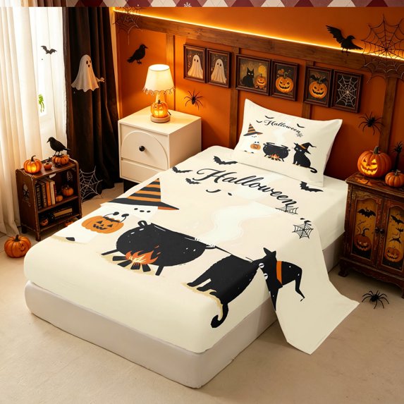 Erosebridal Halloween Witch Skull Twin Sheets, Kawaii Vampire Bedding, Peach Black, Halloween Reversible, 3 Pieces, 1 Flat Sheet, 1 Fitted Sheet and 1 Pillowcase