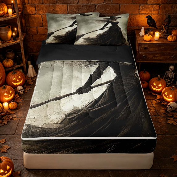 Erosebridal Halloween Witch Zipper Queen Comforter Set with Fitted Sheet and 2 Pillowcases, Spooky Broomstick Zipper Bedding Set for Boys Girls, Sepia Brown Black, Black Reversible