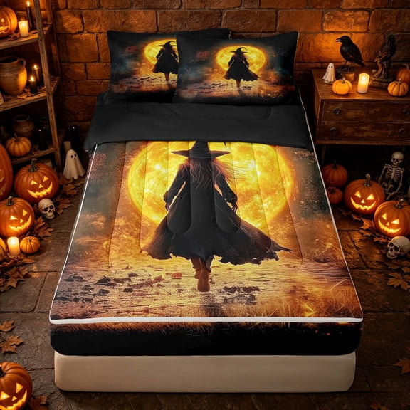 Erosebridal Halloween Witch Zipper Twin Comforter Sets with Fitted Sheet and 2 Pillowcases, Full Moon Zipper Bedding Set for Boys Girls, Black Golden Amber, Black Reversible