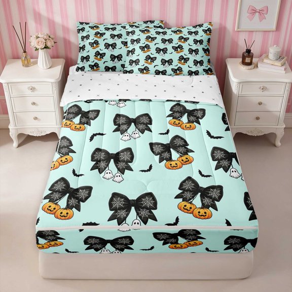 Erosebridal Halloween Zipper Full Comforter Sets with Fitted Sheet and 2 Pillowcases, Halloween Zipper Bedding Set for Girls, Reversible