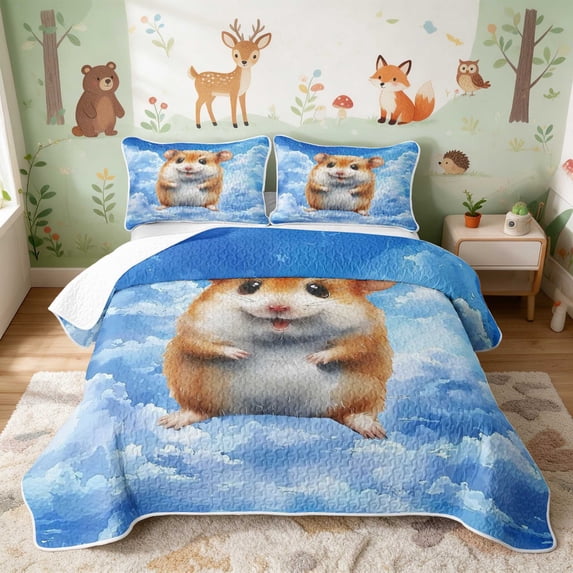 Erosebridal Hamster Quilt Full for Boys Girls, Blue Sky Full Bedspread Sets, 3-Piece 1 Coverlet and 2 Pillowcases