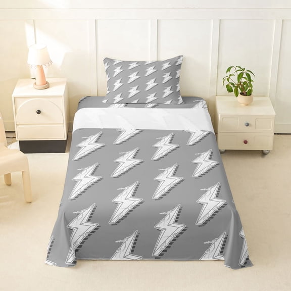 Erosebridal Hand Drawn Doodle Lightning Twin Sheet Sets,Gray White Bedding For Boys Kids 3 Pieces