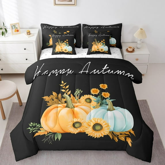 Erosebridal Happy Autumn Bed in a Bag Twin Size, Harvest Pumpkin Sunflower Bed Set, Thanksgiving Day Bed Sheets Setp with Comforter, Lightweight Room Decor, Reversible 7 Pieces