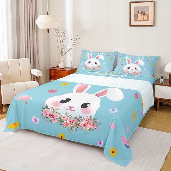 Erosebridal Happy Bunny Bed Sheets for Kids, Spring Flower Butterfly King Sheets, 4-Piece