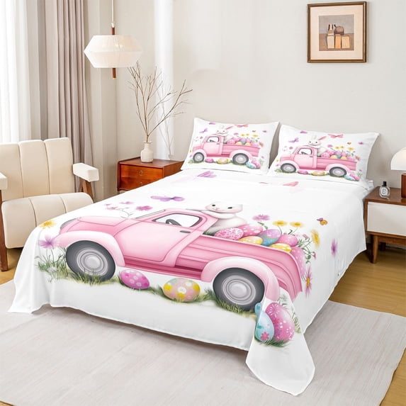 Erosebridal Happy Bunny Kids Full Size Sheets, Pink Easter Eggs Butterfly Bed Sheets, 4-Piece