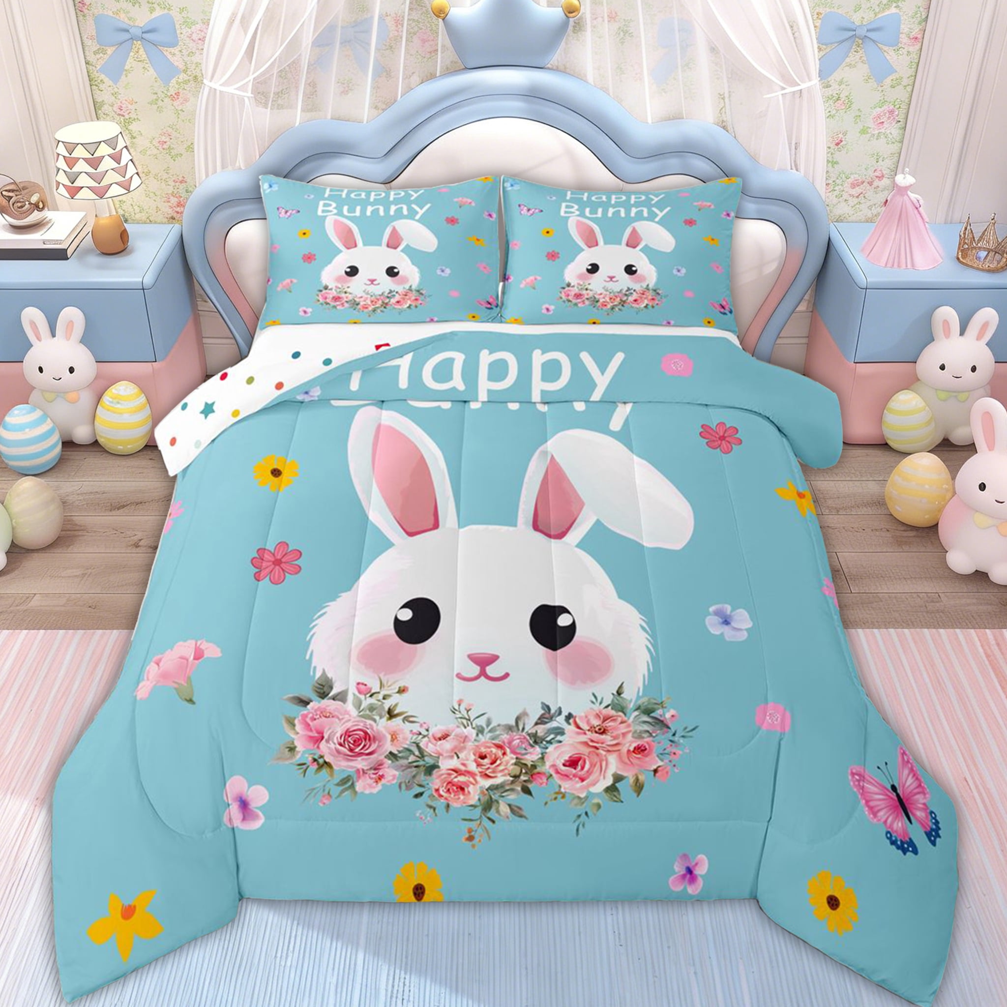 Erosebridal Happy Bunny Queen Comforter Set for Kids, Spring Flower ...